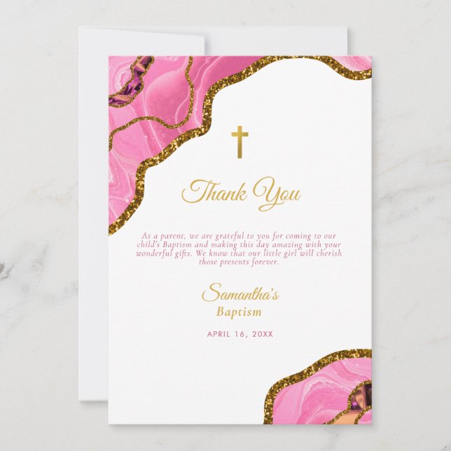 Pink Geode Agate Gold Cross Baptism Christening Thank You Card (Front)