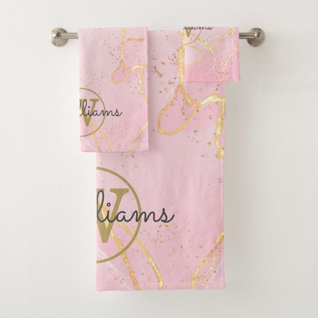 Pink Geode Agate Gold Monogram Bath Towel Set (Insitu)