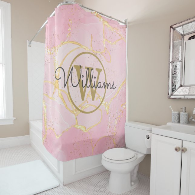 Pink Geode Agate Gold Monogram Script Name Shower Curtain (In Situ)