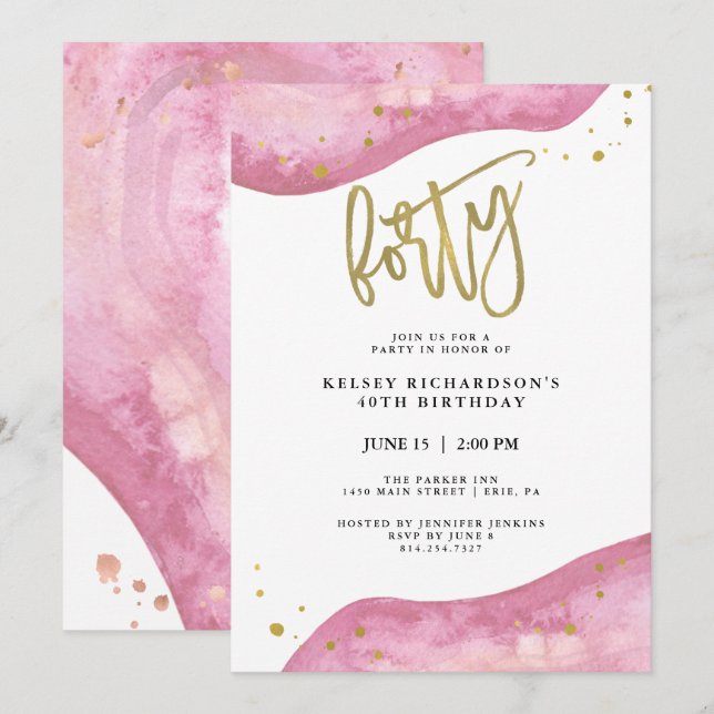 Pink Geode and Faux Gold Look | 40th Birthday Invitation (Front/Back)