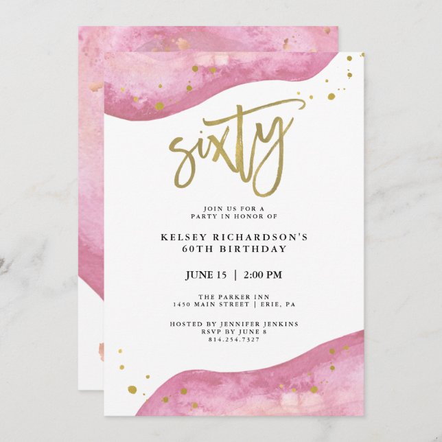 Pink Geode and Faux Gold Look | 60th Birthday Invitation (Front/Back)