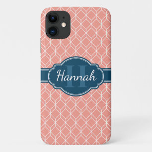 Pink Geometric Diamond Pattern Blue Monogram Case-Mate iPhone Case