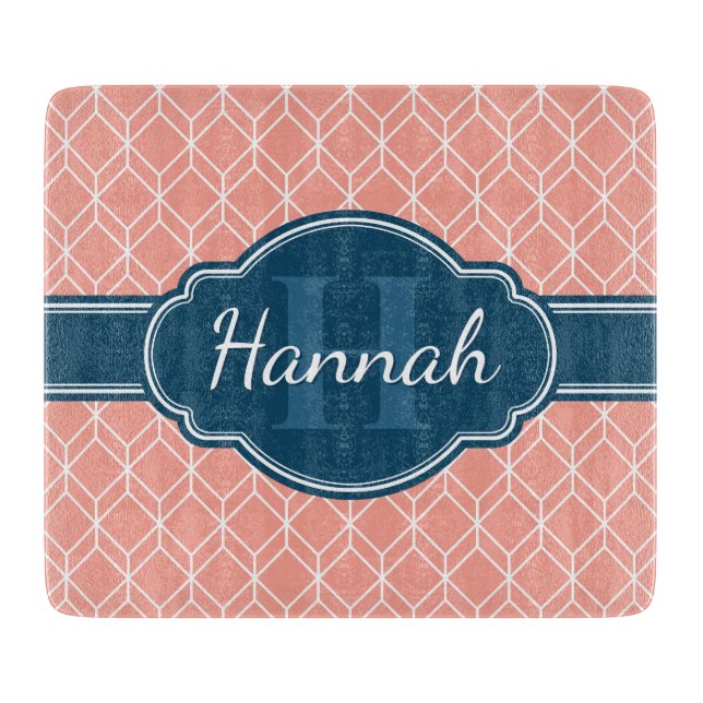 Pink Geometric Diamond Pattern Blue Monogram Cutting Board (Front)