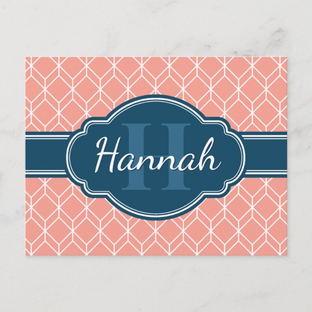 Pink Geometric Diamond Pattern Blue Monogram Postcard (Front)