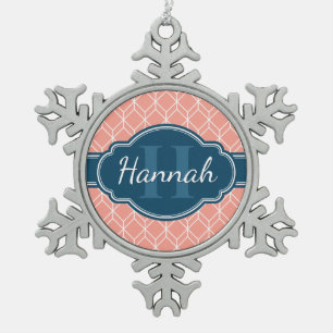 Pink Geometric Diamond Pattern Blue Monogram Snowflake Pewter Christmas Ornament