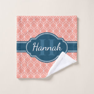 Pink Geometric Diamond Pattern Blue Monogram Wash Cloth