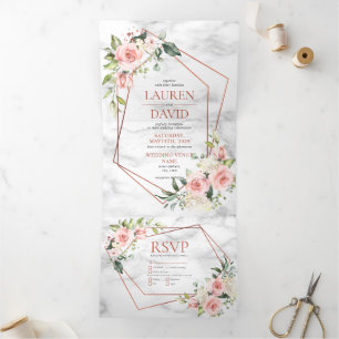 Pink Geometric Marble Floral Eucalyptus Wedding Tri-Fold Invitation