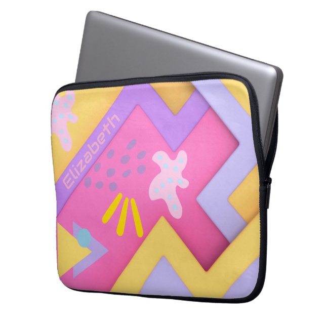 Pink geometric pattern trendy mid century modern laptop sleeve (Front Left)