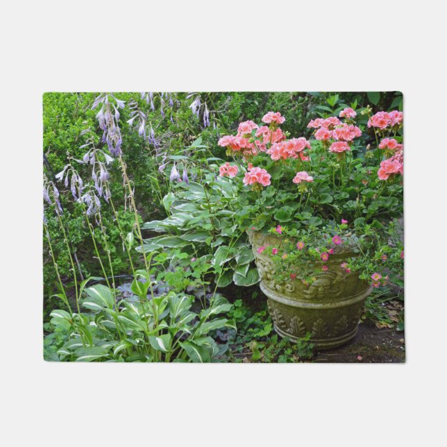 Pink geranium flower planter doormat (Front)