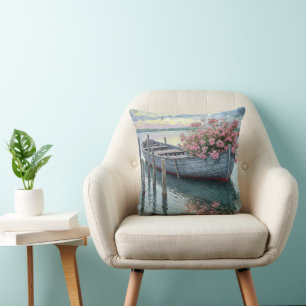 Pink Geraniums In a Rustic Rowboat Cushion