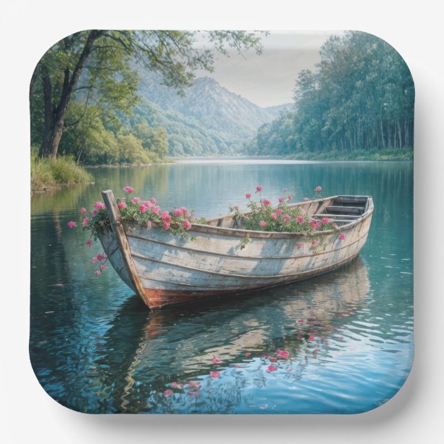 Pink Geraniums In A Rustic Rowboat Paper Plate (Front)
