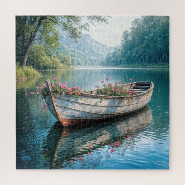Pink Geraniums In An Old Rowboat Jigsaw Puzzle (Vertical)