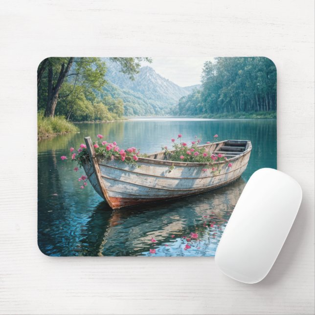 Pink Geraniums In Rowboat Mouse Pad (With Mouse)