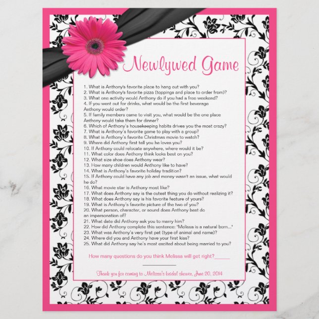 Pink Gerber Daisy Black Floral Bridal Shower Game (Front)