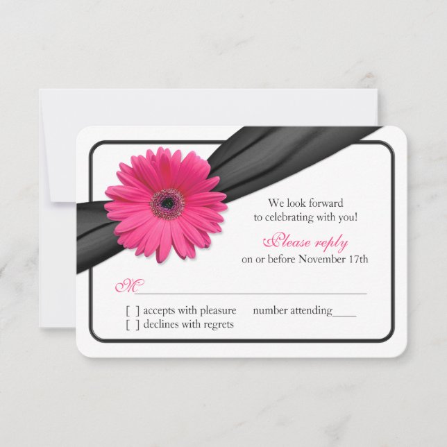 Pink Gerber Daisy Black Ribbon Wedding RSVP Card (Front)
