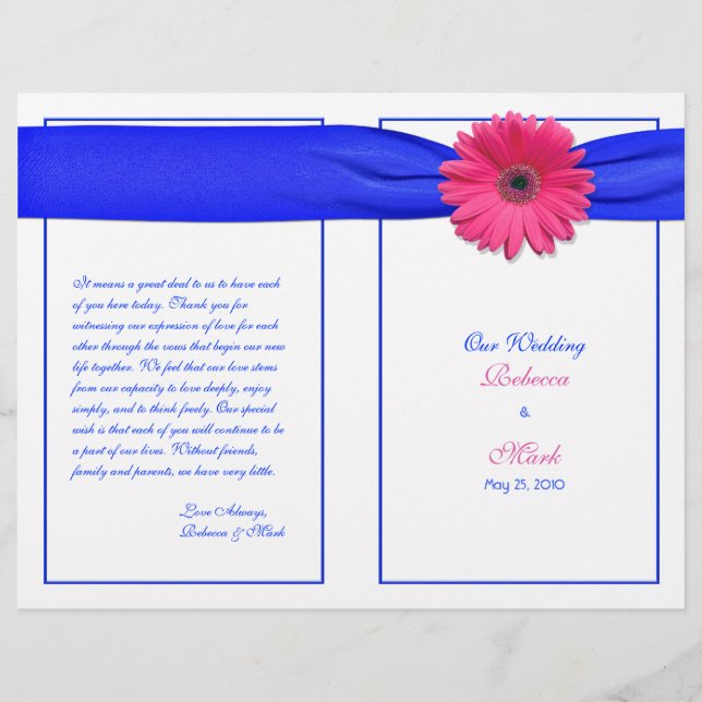 Pink Gerber Daisy Blue Ribbon Wedding Program (Front)