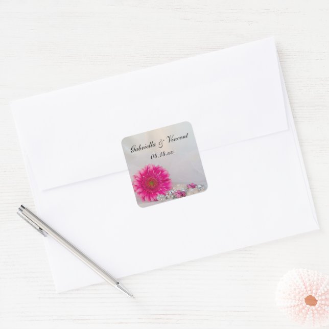 Pink Gerber Daisy Buttons Wedding Envelope Seals (Envelope)