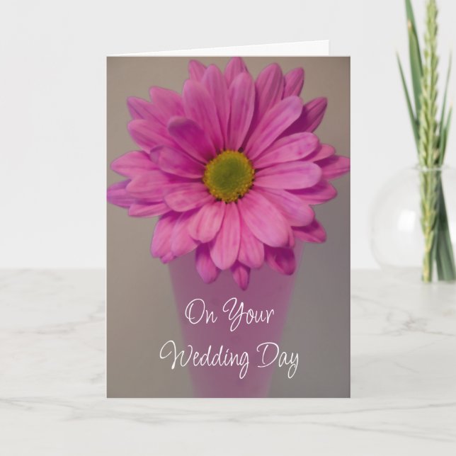 Pink Gerber Daisy in Vase Wedding Day Card (Front)