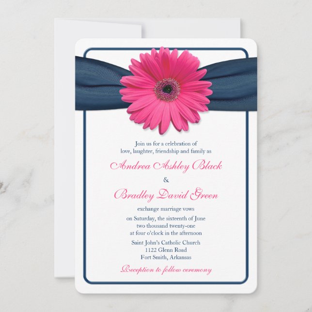 Pink Gerber Daisy Navy Ribbon Wedding Invitation (Front)