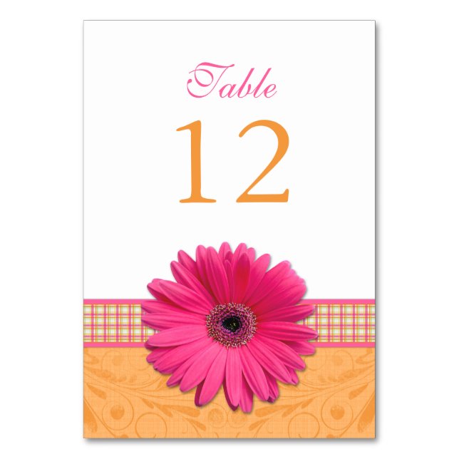 Pink Gerber Daisy Orange Plaid Ribbon Wedding Table Number (Front)