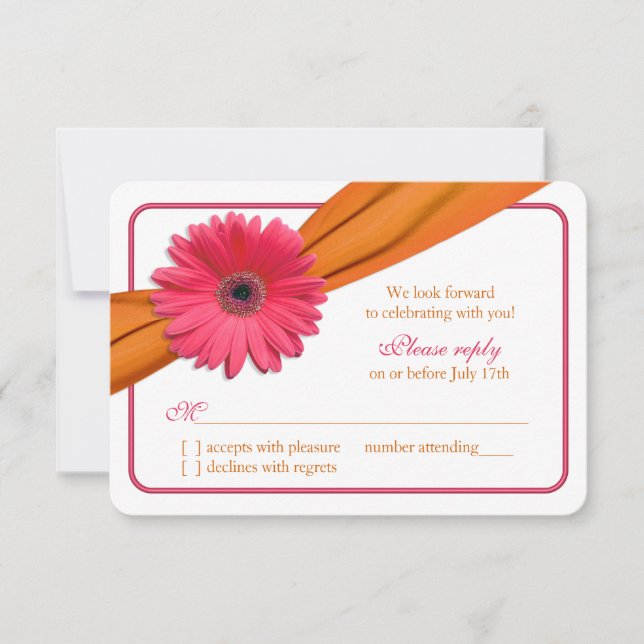 Pink Gerber Daisy Orange Ribbon Wedding RSVP Card (Front)