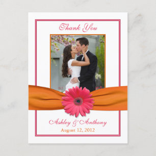 Pink Gerber Daisy Orange Ribbon Wedding Thank You Postcard