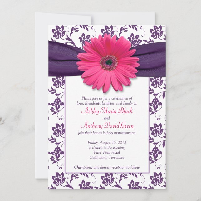 Pink Gerber Daisy Purple Damask Wedding Invitation (Front)