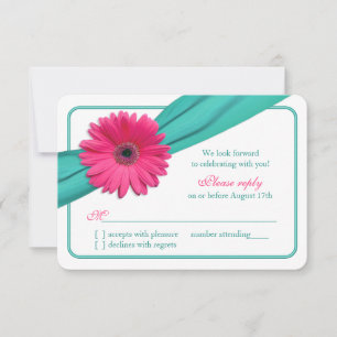 Pink Gerber Daisy Turquoise Ribbon Wedding RSVP Card