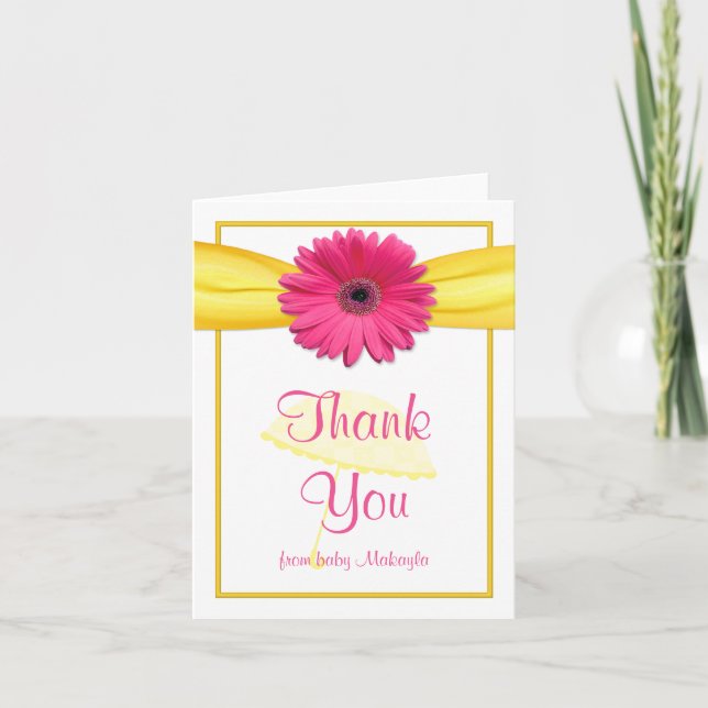 Pink Gerber Daisy Yellow Baby Shower Thank You Card (Front)