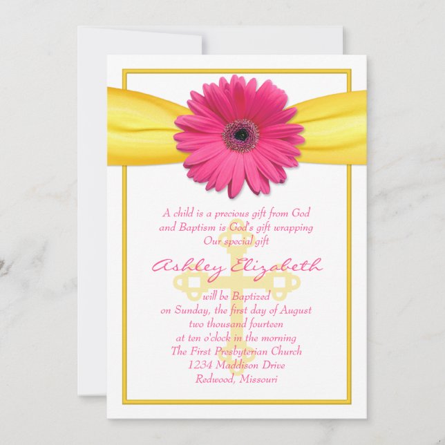 Pink Gerber Daisy Yellow Ribbon Baptism Invitation (Front)