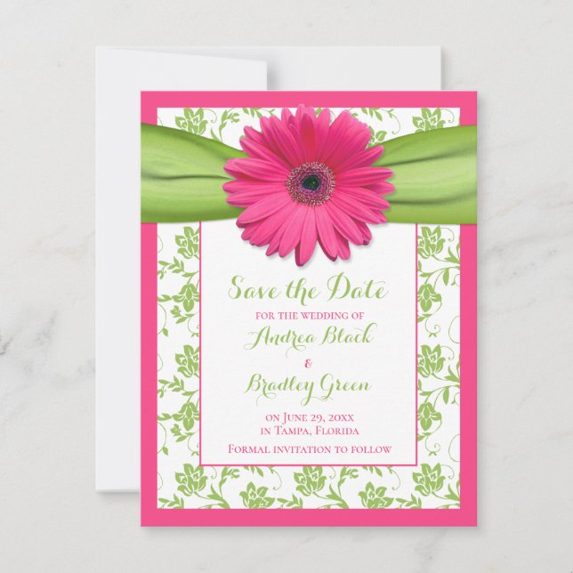 Pink Gerber Green Floral Damask Save the Date Card (Front)
