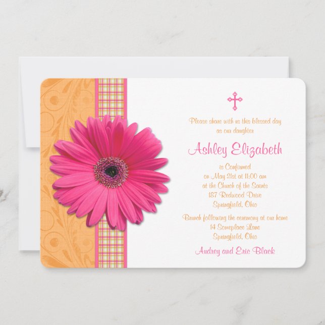 Pink Gerber Orange Plaid  Confirmation Invitation (Front)