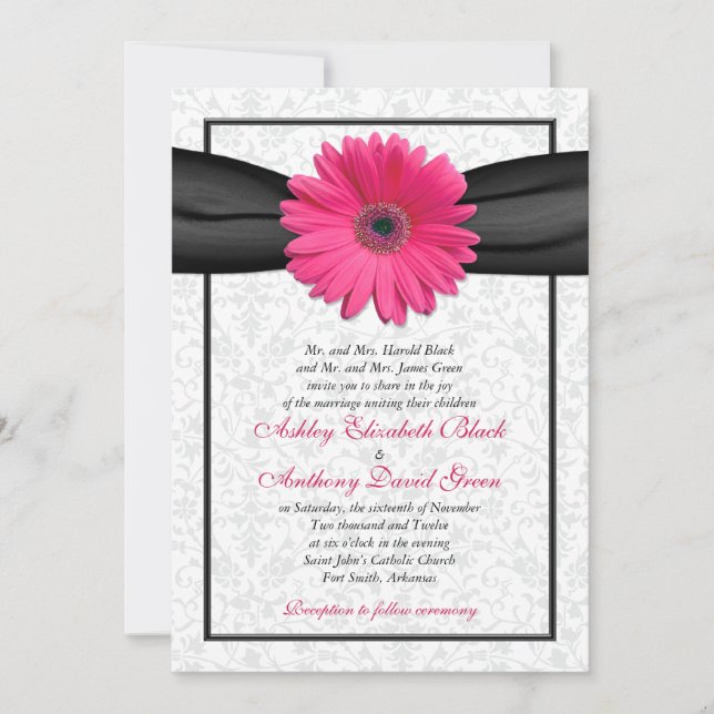 Pink Gerbera Black Ribbon Wedding Invitation (Front)