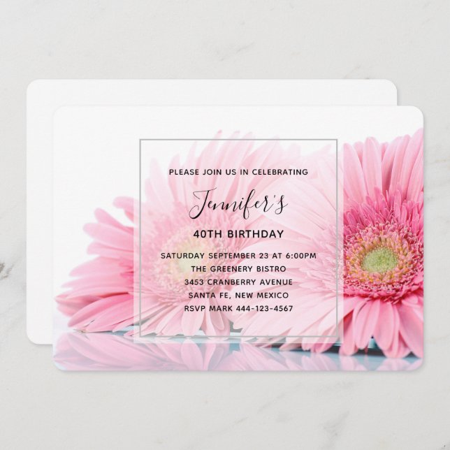 Pink Gerbera Daisies Elegant Photo Birthday Invitation (Front/Back)