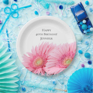 Pink Gerbera Daisies Elegant Photography Birthday Paper Plate