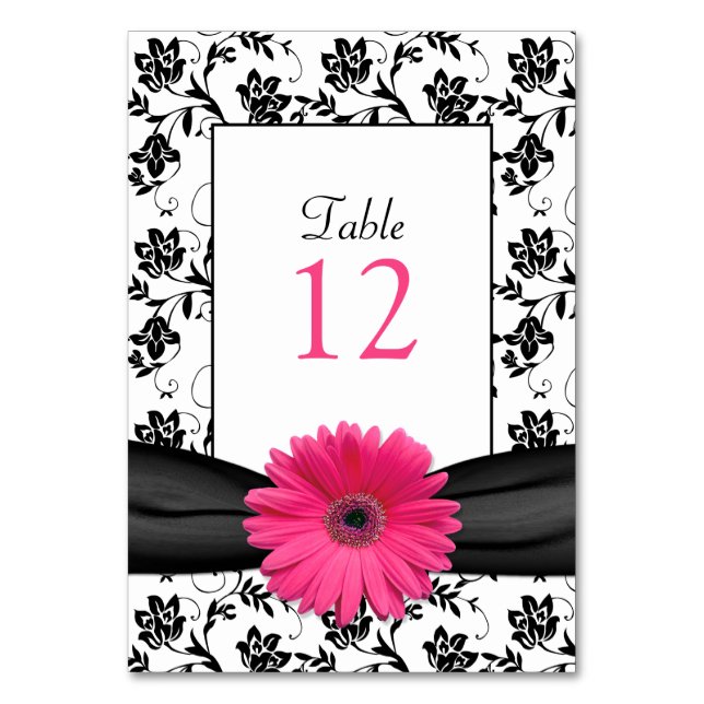 Pink Gerbera Daisy Black Damask Table Number Card (Front)
