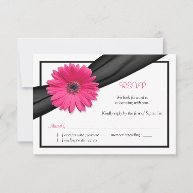 Pink Gerbera Daisy Black Ribbon Reply RSVP Card (Front)