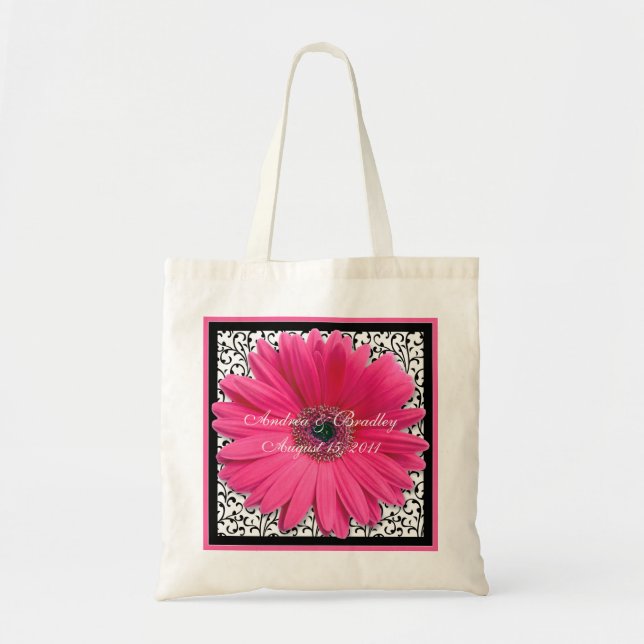 Pink Gerbera Daisy Black Wedding Welcome Bag (Front)