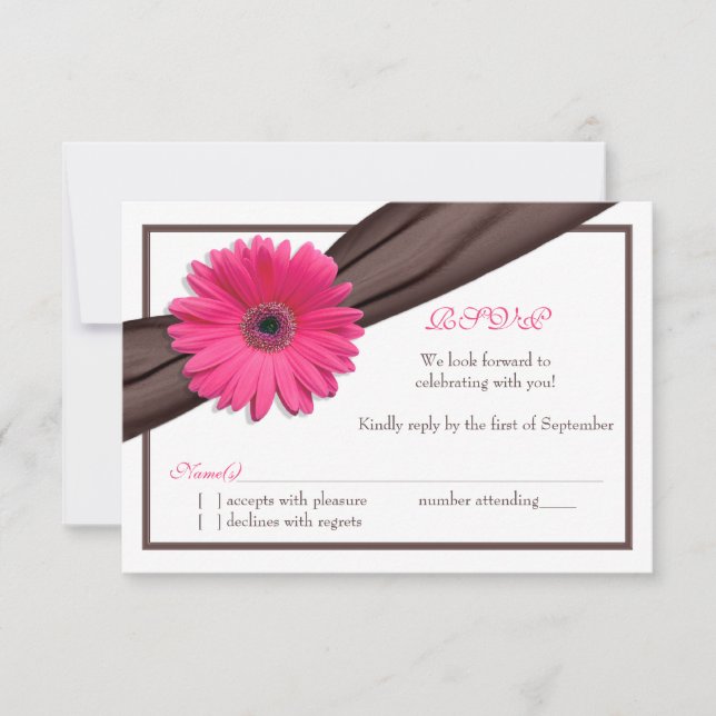 Pink Gerbera Daisy Brown Ribbon Wedding Reply Card (Front)