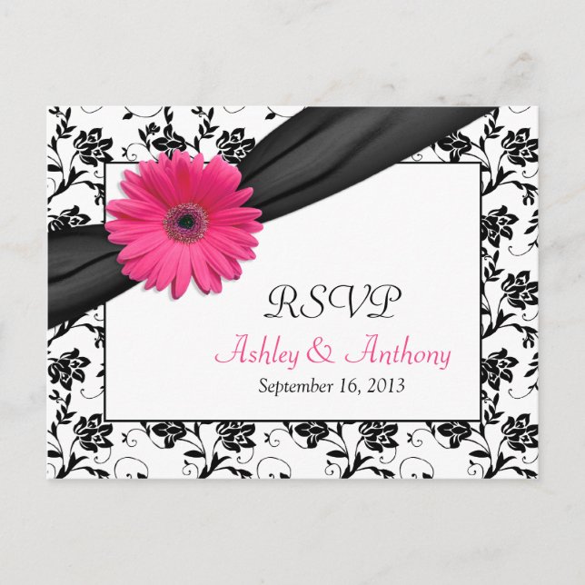 Pink Gerbera Daisy Damask Wedding RSVP Postcard (Front)