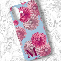 Pink Gerbera Daisy Flowers on Light Blue Floral