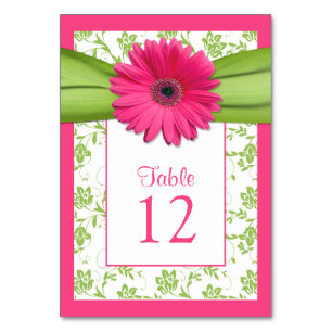 Pink Gerbera Daisy Green Damask Table Number Card