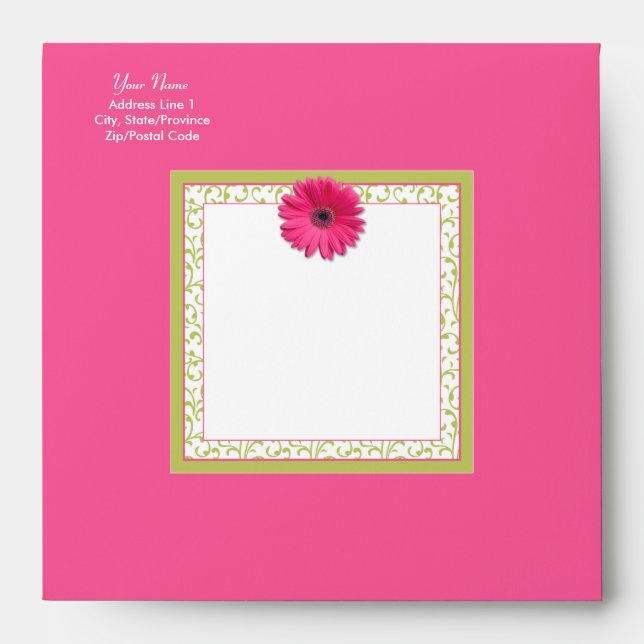 Pink Gerbera Daisy Green Floral Square Envelopes (Front)