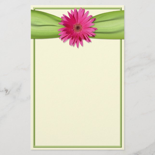 Pink Gerbera Daisy Green Ribbon Stationery (Front)