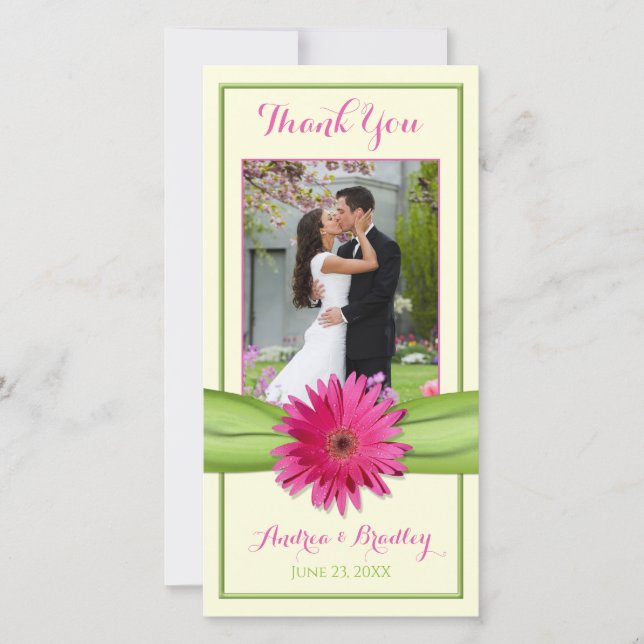 Pink Gerbera Daisy Green Ribbon Wedding Thank You (Front)