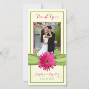 Pink Gerbera Daisy Green Ribbon Wedding Thank You
