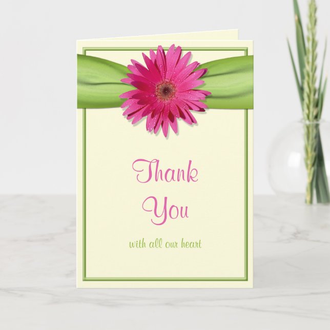 Pink Gerbera Daisy Green Ribbon Wedding Thank You (Front)
