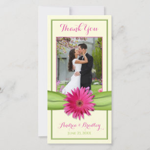 Pink Gerbera Daisy Green Ribbon Wedding Thank You Card