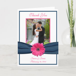 Pink Gerbera Daisy Navy Photo Wedding Thank You