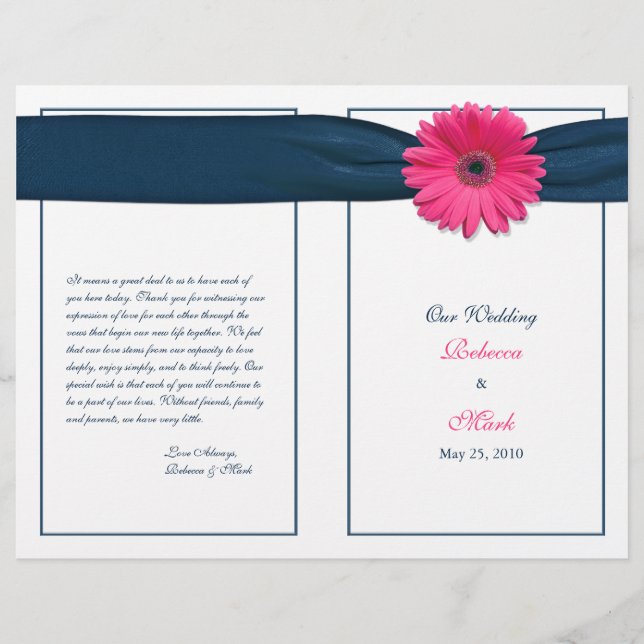 Pink Gerbera Daisy Navy Ribbon Wedding Program (Front)